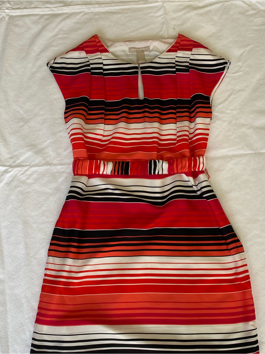 Banana Republic Red, White & Black Striped Cap-Sleeve Midi Dress